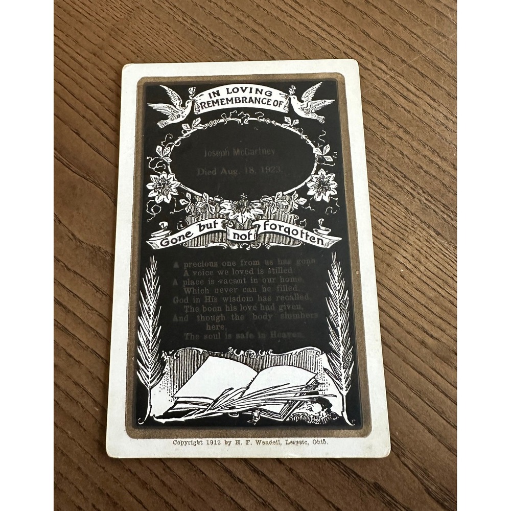 1923 Funeral Memorial Card Joseph McCartney H.F. Wendell Mourning Ephemera